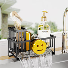 Sponge Holder for Kitchen SinkSmiley Face Kitchen Sink Caddy with Removable Brush HolderSelf-Draining Kitchen Sink Organizer for SpongeSoapDish BrushScrubberKitchen Essentials and Gadgets