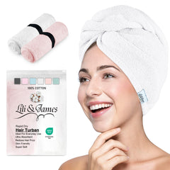 Lili&James Cotton Hair Towel Wrap for Women/Kids | Quick Dry Soft & Absorbent 420-GSM Hair Wrap Towels with Double Button | Anti Frizz Non Microfiber Hair Turbans for Curly Long Hair (White+Pink)
