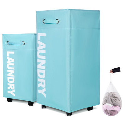 Caroeas 30-inches Rolling Laundry Basket with wheels XLarge Collapsible Laundry hamper on Wheels Tall Thin Narrow Foldable Storage Bins for Corner