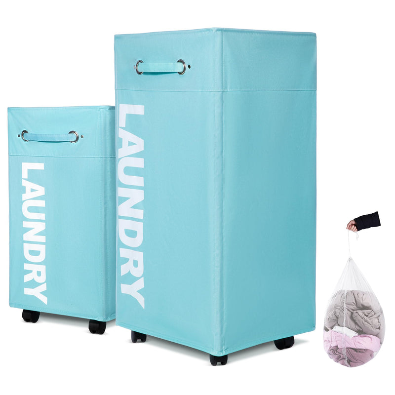 Caroeas 30-inches Rolling Laundry Basket with wheels XLarge Collapsible Laundry hamper on Wheels Tall Thin Narrow Foldable Storage Bins for Corner
