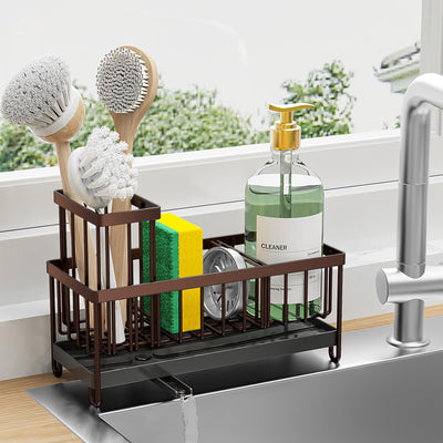 Cisily Sponge Holder for Kitchen Sink Sink Caddy with High Brush Holder Organzier Rustproof 304 Stainless Steel Dish Organizer Divider Soap Dispenser Storage(Brown)